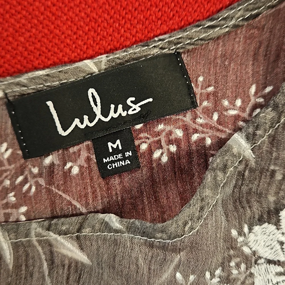 Lulu's Whispering Winds gray floral print embroidered top ruffle edge gorgeous